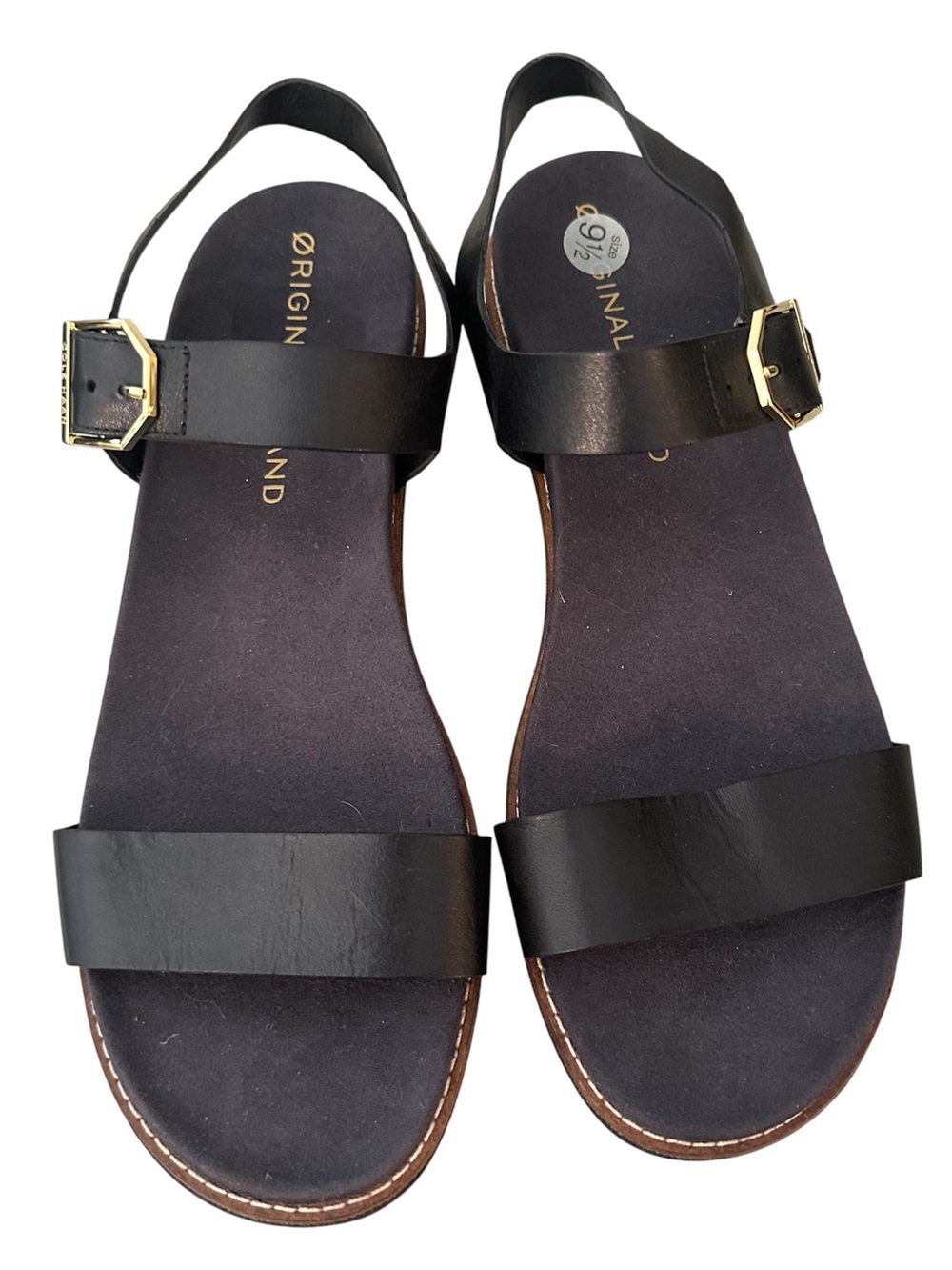 Cole Haan Black Leather Slingback Sandals with Gold Buckles